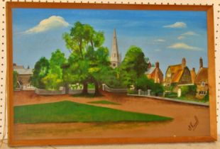 Naive School, 20th Century - Two village scenes with figures and a church spire, both indistinctly