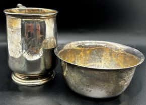 A small silver christening tankard, Sheffield, 1908, maker Martin Hall & Co and a silver bowl