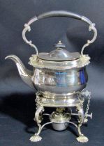 Collection of silver plate, spirit kettle, 3 piece tea set, butter dish, two cased sets of