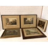 19th century painting and four prints, to include: Oil on board of a country house, 24 x 29 cm, gilt