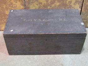 A stained pine military chest, stencilled lettering V S Barnes, R.E, 81 X 42cm, 33cm high,