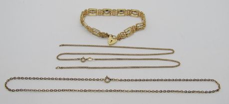 Group of modern 9ct jewellery; a fancy gate link bracelet and two chain necklaces, 12.2g total (