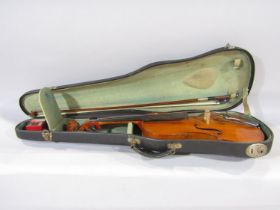 An old violin in the Stradivarius style bearing no makers labels, 59 cm overall, back 35.5cm with an