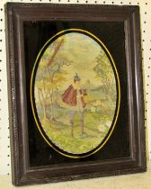 19th century needlework of a man wearing a red cloak in a rural scene, 23 x 18 cm, oval mounted in
