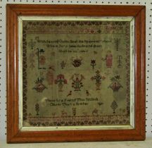 George IV Needlework Sampler, by Ann Gee aged 12, dated 1827, 31 x 32 cm, in maple veneer frame with