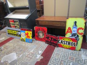 A set of seven hand painted motoring signs on board, Motor Spirit, Motor Oil, spark plugs, etc (7)