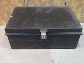 A vintage steel chest/trunk with hinged lid, drop side carrying handles and lasp, 95cm x 63cm x 37cm