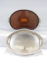 A silver plated oval drinks tray with pierced gallery edge, together with a kidney shaped mahogany