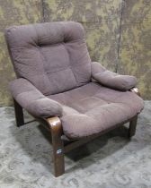 A vintage rosewood frame occasional chair with original corduroy buttoned finish, 76cm wide