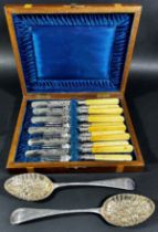 A boxed set of bone handled fruit knives and forks for six, and a cased set of a pair of silver