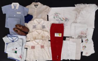 Collection of vintage baby clothes and household linen including 3 handmade smocked woollen