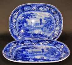 Two 19th century Adams wares blue and white platters, Jedburgh Abbey of Roxburghshire