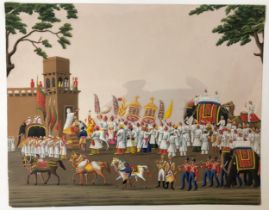 Company painting c.1850, Indian ceremonial scene with figures and animals, gouache on mica,