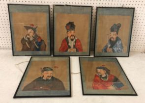 Five Chinese portrait paintings of scholars, late Qing-Republic period, polychrome paint and ink