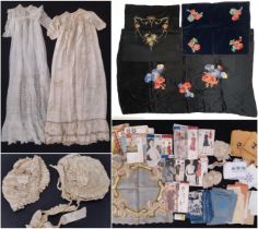 A collection of early to mid 20th century textiles including 2 baby gowns both with lace inserts and