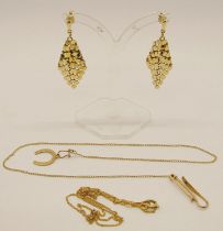 Pair of 9ct mesh drop earrings, together with a fine link chain necklace (af) and a further yellow