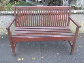 Contemporary stained hardwood two seat garden bench with slatted seat and back, 122cm wide