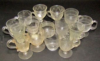 A mixed selection of fifty clear glass custard cups of varying shapes and sizes (15 etched, 20