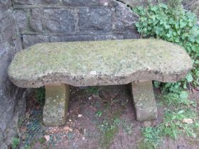 A good weathered imitation stone crescent shaped bench, 113cm wide x 38cm deep x 46cm high