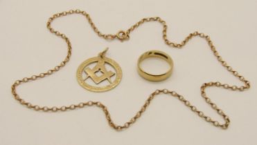 Group of 9ct jewellery comprising a wedding ring, size O, a belcher link necklace and a Masonic