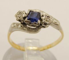 Art Deco style square-cut sapphire and diamond crossover ring, marks worn but probably 18ct, size