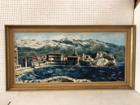 20th Century European School - Coastal town with alpine vista, oil on canvas, signed indistinctly