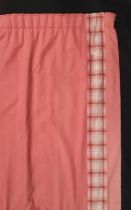 Pair of very thick pink wool curtains edged in gingham, lined and thermal lined with pencil pleat