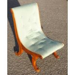 Victorian style mahogany scroll back nursing chair upholstered in buttoned duck egg blue material,