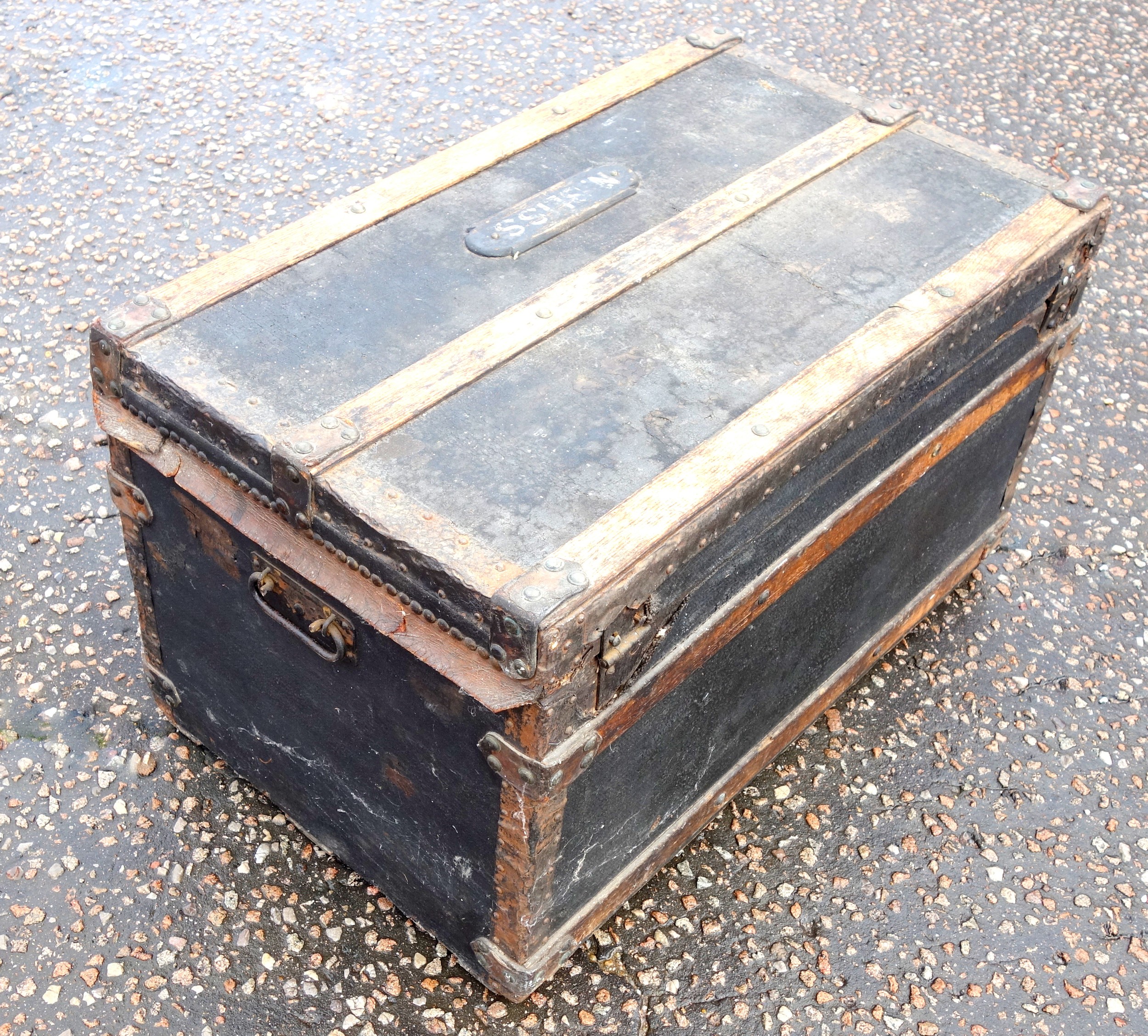 Brass studded leather canvas and ash bound trunk with a hinged top and side carrying handles, and - Image 5 of 6