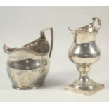George III silver helmet shaped cream jug with a scroll handle, on a square foot, London 1783, H