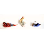 Royal Crown Derby white pelican, H.20.5cm, with silver button; and 2 other birds with gold