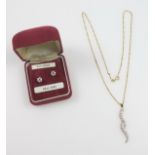 Pair of 9ct gold stud earrings, each set ruby and white stones, and a 9ct fine chain necklace with