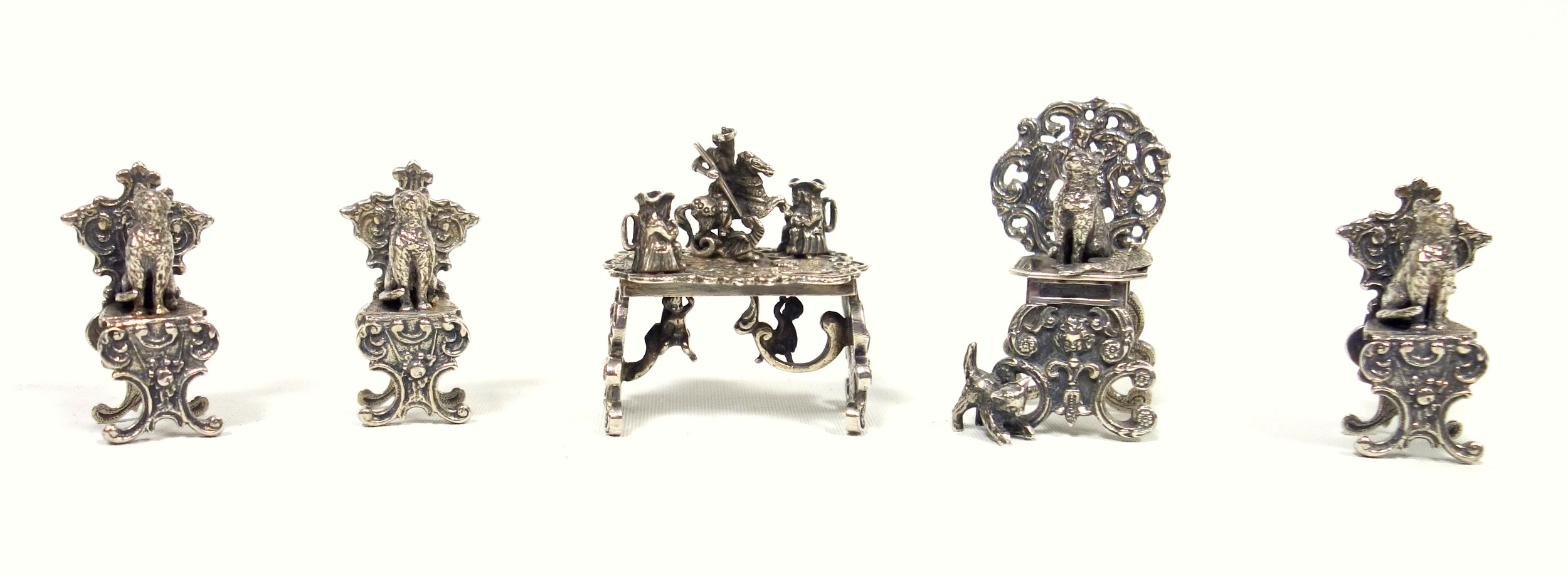 Continental miniature metal group of a chair with 2 cats and a fish, H.6.1cm; 3 similar smaller - Image 2 of 3