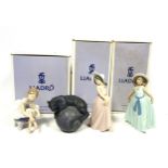 Lladro figure "Vigilant", No.8134, depicting a black panther on a ball, H.11cm,; 2 girls in