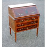 Edwardian crossbanded mahogany bureau with painted urn and floral decoration, the fall front