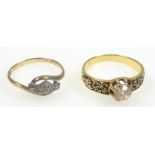 Yellow metal ring with black enamelled shoulders, set tinted stone, gross 4.4grs; and a 9ct gold