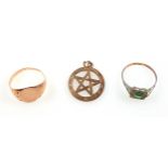 9ct gold signet ring, Birmingham, 1918; a pentagram pendant by Albert Ernest Jenkins, Birmingham,