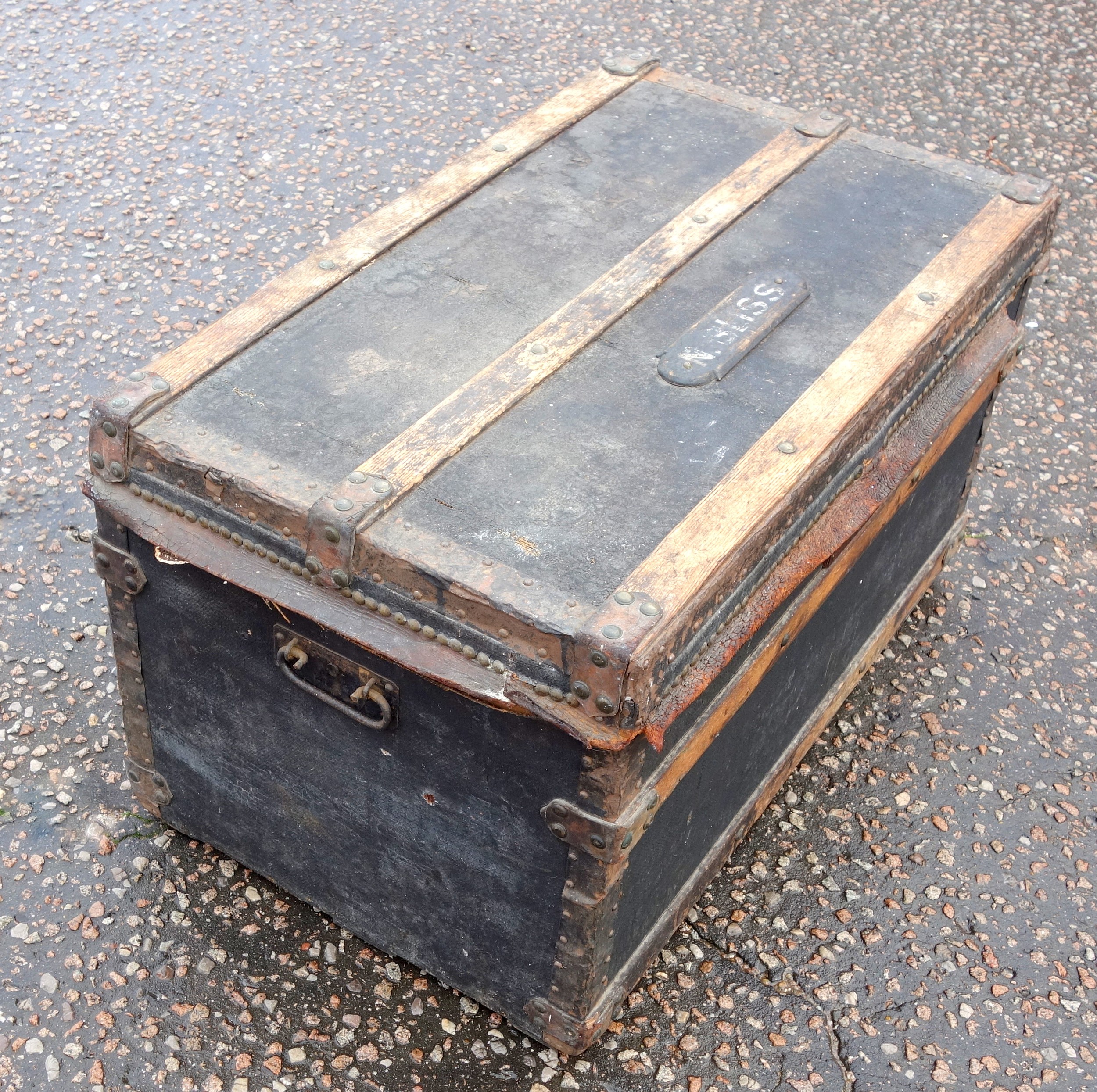 Brass studded leather canvas and ash bound trunk with a hinged top and side carrying handles, and - Image 2 of 6