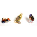 Royal Crown Derby citron cockatoo, H.13.5cm, and 2 other birds, all with gold stoppers. (3)