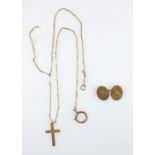 9ct gold chain, (a/f), with an 18ct gold cross, 5.5grs, and a 15ct cufflink, 3.8grs. (2)
