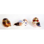 Royal Crown Derby "Imari" pattern owl, with silver button, W.12.5cm; and 2 similar owls with gold