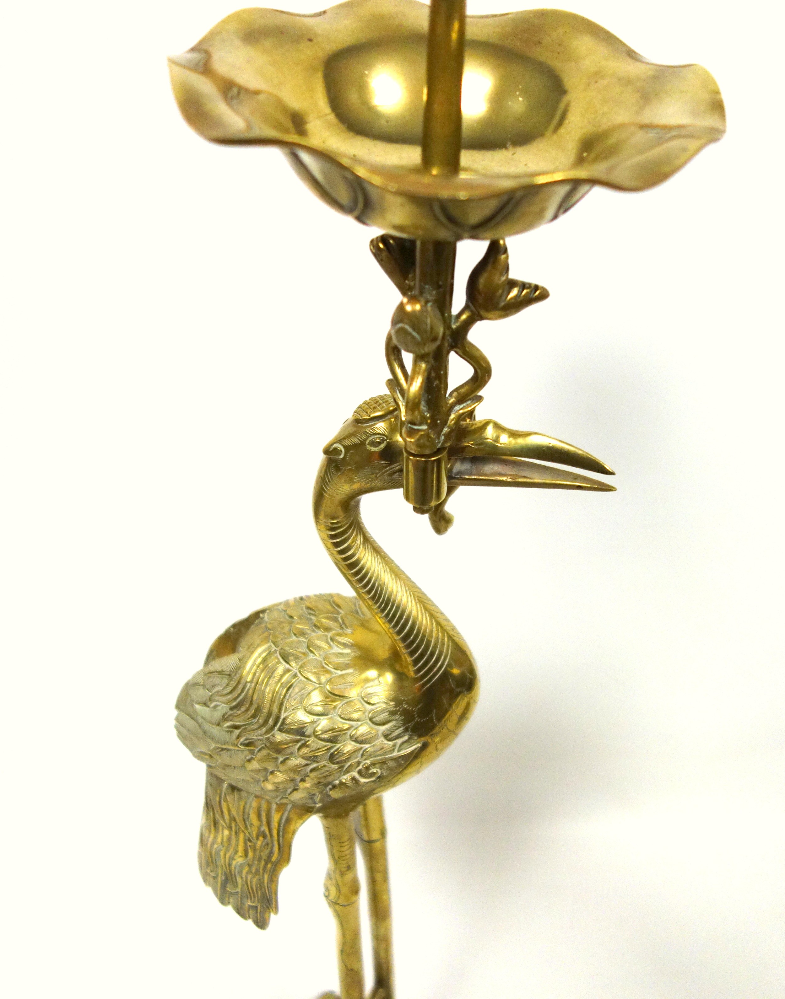 Pair of tall Japanese cranes, each supporting a pricket candle holder and standing on a tortoise, - Image 4 of 5