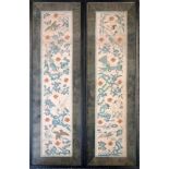 2 similar Chinese 19th century silk embroidery panels, depicting peacocks, phoenixes and cranes,