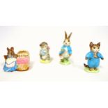 4 Beswick models, "Peter Rabbit", H.12cm, "Tom Kitten", H.9cm, "Miss Moppet", H.7.5cm, and "Hunca