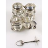 Good Victorian silver mounted cylindrical glass cruet comprising a salt cellar, pepper pot,