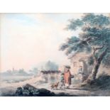 Attributed to Peter La Cave (1789-c.1817), Figures, dog and horses in a village scene, watercolour