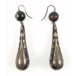Pair of Victorian gold pique and tortoiseshell pendant earrings, H.6cm overall. (2)