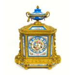 19th century French gilt bronze mantel clock with inset Sevres style panels, floral painted