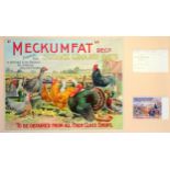 "Meckumfat Sussex Ground Oats" advertising sign, depicting a farmyard scene with poultry including