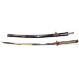 Japanese Samurai sword with a 73.5cm curved blade and a silk bound fish skin hilt, in a black